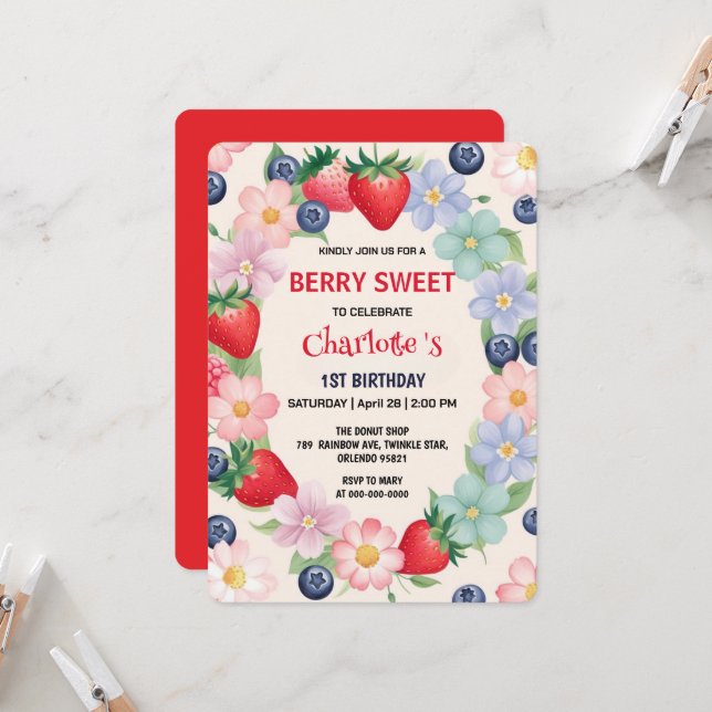 Röda jordgubbar 1:a födelsedag Party för barn Inbjudningar (Fram/Back In Situ)