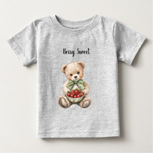 Röda jordgubbar Bär Söt Grön Båge Teddybjörn T Shirt