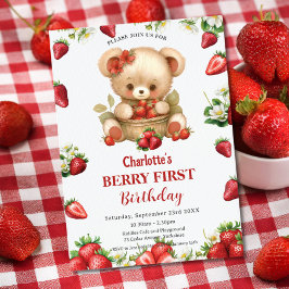 Röda jordgubbar Bear Berry Första födelsedag Inbjudningar