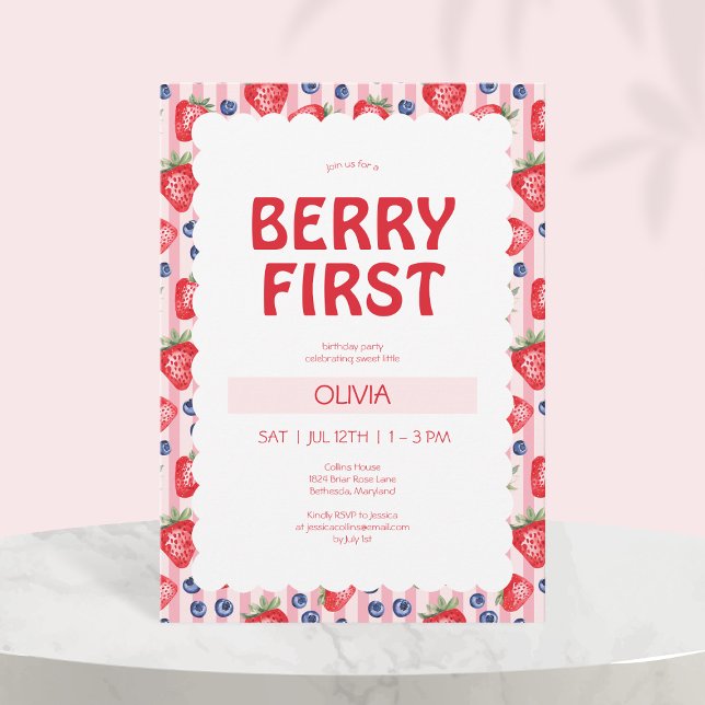 Röda jordgubbar Berry Första födelsedag Party Inbjudningar (Red Strawberries Berry First 1st Birthday Party Invitation)