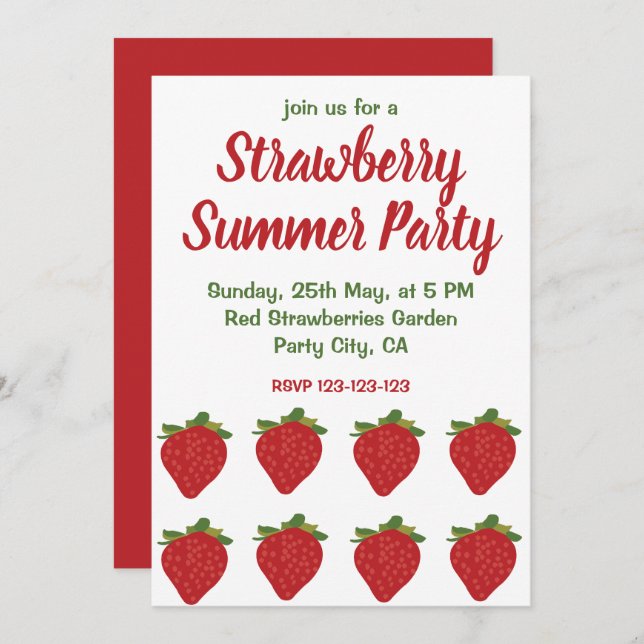 Röda Jordgubbar Frukt Smultron Sommarfest Inbjudningar (Fram/baksida)