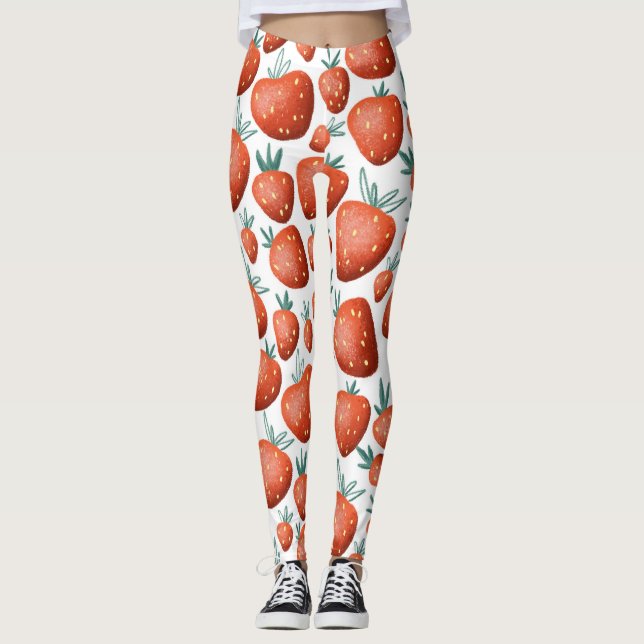 Röda jordgubbar Vit bakgrund Sömlös Leggings (Framsida)