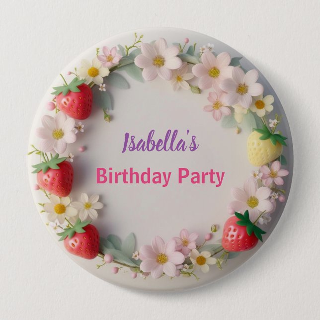 Röda jordgubbens rosa Daisy Födelsedagsfest för he Knapp (Framsida)