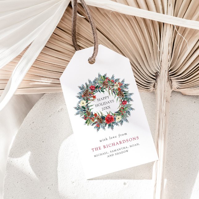 Röda julbergen och Helgdag Gräs Wandan Presentetikett (Red Christmas berries and a holiday pine floral wreath)