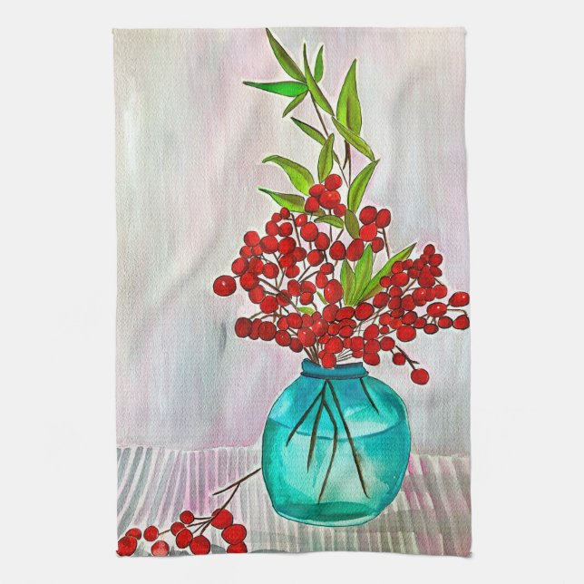 Röda julberries bra konst kökshandduk (Vertikal)
