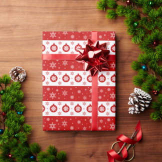 Röda julbubblor och Snöflingor Mönster Presentpapper