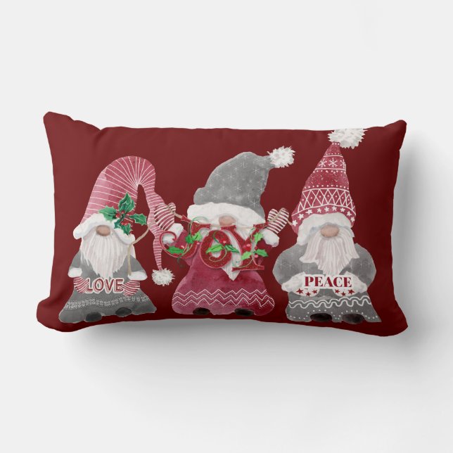 Röda julgranar Gnomes Kärlek Joy Peace Typography Lumbarkudde (Framsida)