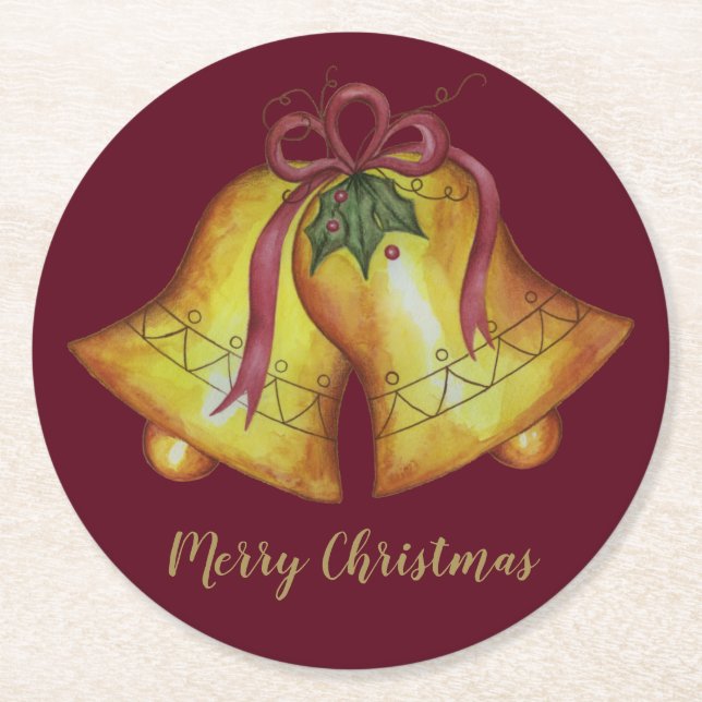 Röda julklockor Holiday Party Drink Coaster Underlägg Papper Rund (Framsidan)