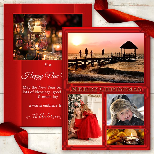 Röda julkort för 5 foton i Eleganten Helgdagar (A Christmas Holidays card featuring 5 of your own custom photos framed by an elegant red design)