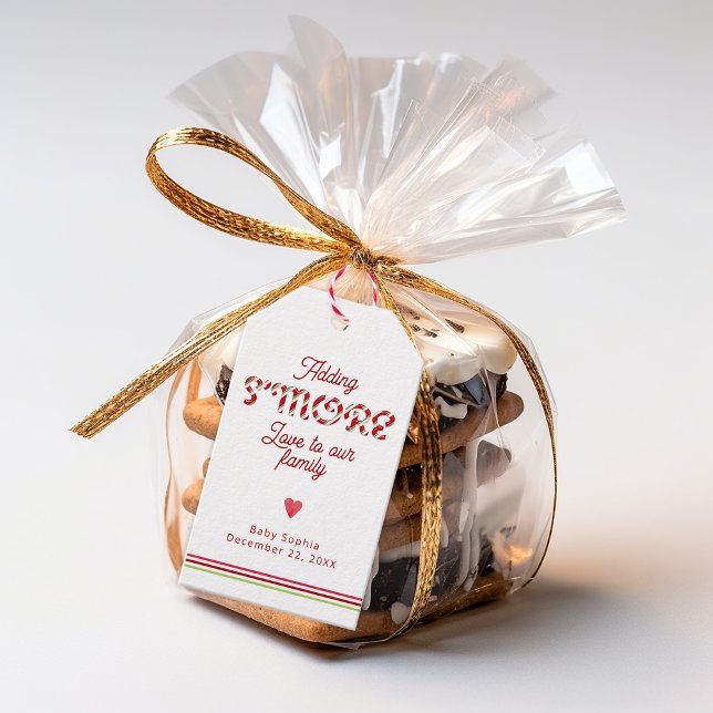 Röda julmärkord för babyskor presentetikett (Red Candy Cane Typography S'more Favor Tags)