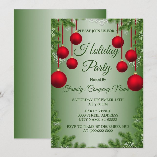 Röda julprydnader Grönten Helgdagar Party Inbjudningar (Fram/baksida)