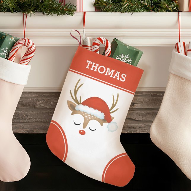 Röda julrenar Monogram Stocking Liten Julstrumpa (A cute Christmas reindeer decorates this Christmas stocking. Personalize it with your name.)