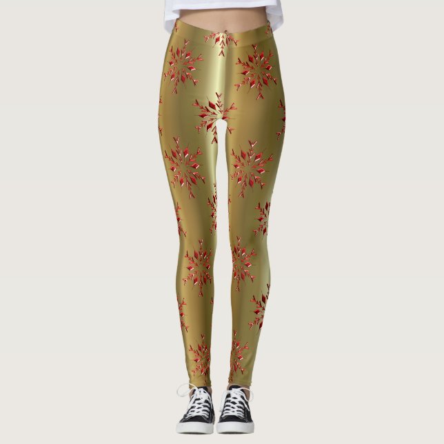 Röda julstjärnor på Guld Leggings (Framsida)