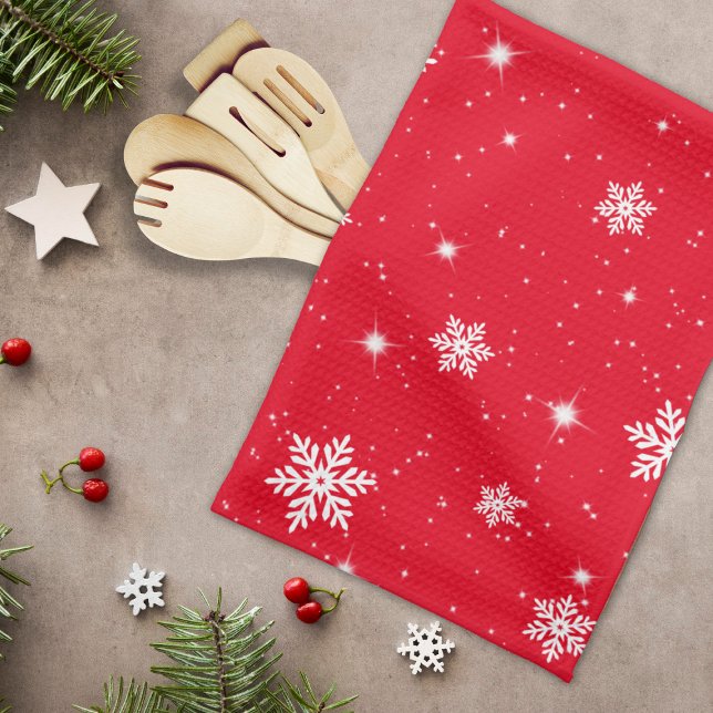 Röda julstjärnor Snöflingor Mönster Kökshandduk (Skapare uppladdad)