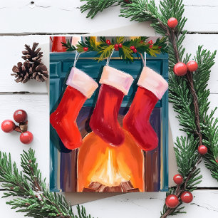 Röda julstrumpor Eldstad Vattenfärg Julkort