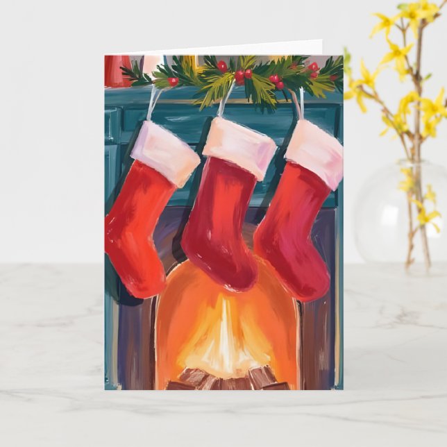 Röda julstrumpor Eldstad Vattenfärg Kort (Gul blomma)