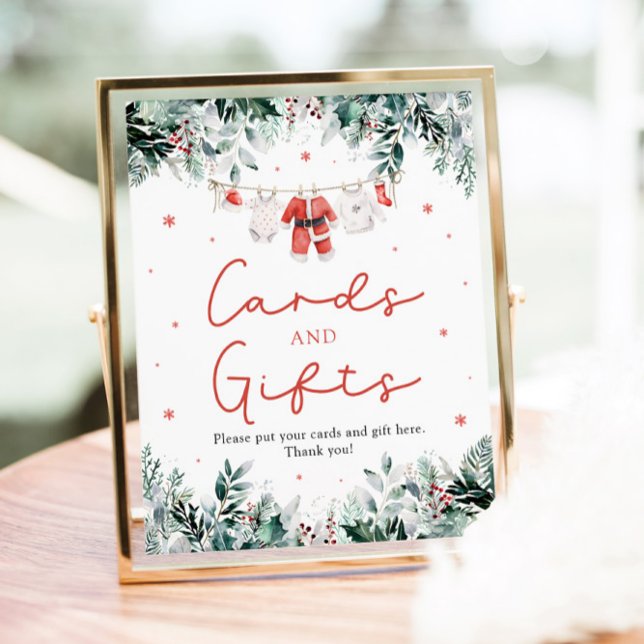 Röda jultomten Babyskekort och gåvor Poster (Watercolor Red Christmas Santa Baby Shower Cards and Gifts Sign)