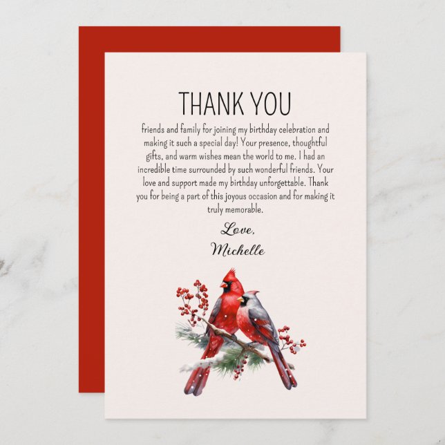 Röda kardinaler Fåglar Kvinnors födelsedag Tack Kort (Fram/baksida)
