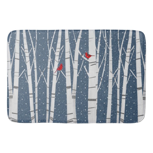 Röda kardinaler i Snöflingor Badrumsmatta (Framsidan)