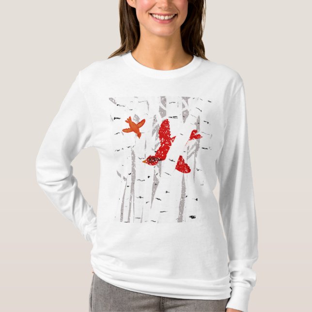 Röda kardinaler i Winter Scene i Träd i vitt Birch T Shirt (Framsida)