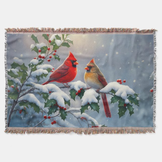 Röda kardinaler och Holly i Snö Filt (Framsidan)