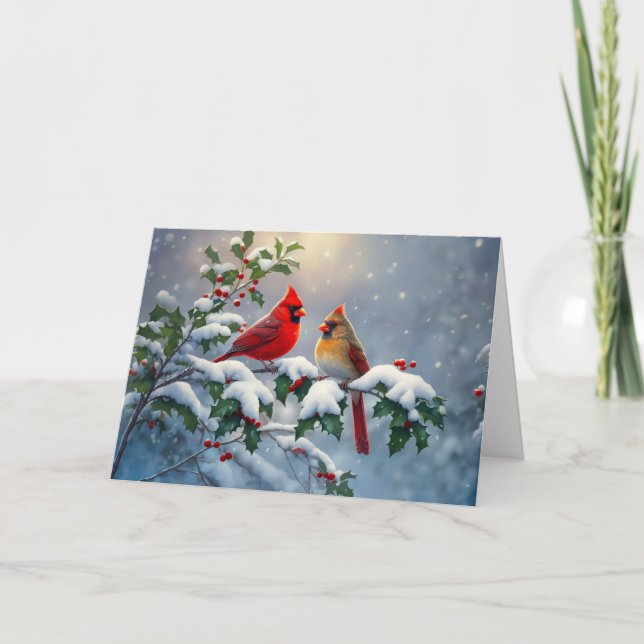 Röda kardinaler och Holly i Snö Helgkort (Framsida)