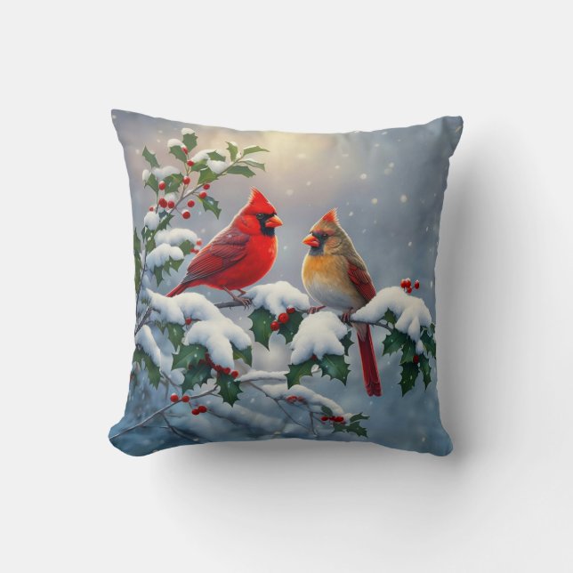 Röda kardinaler och Holly i Snö Kudde (Framsida)
