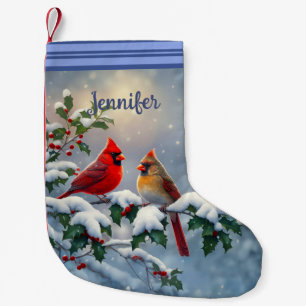 Röda kardinaler och Holly i Snö Liten Julstrumpa