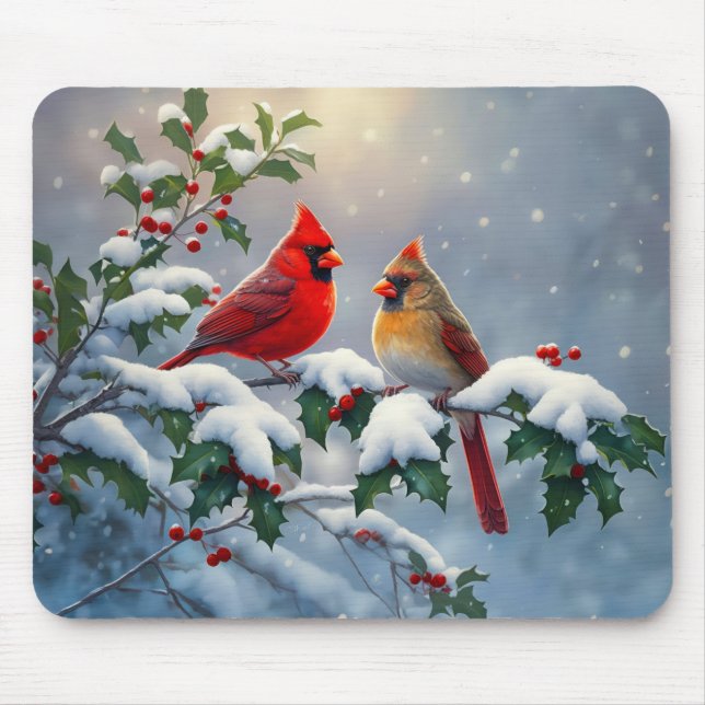 Röda kardinaler och Holly i Snö Musmatta (Framsidan)