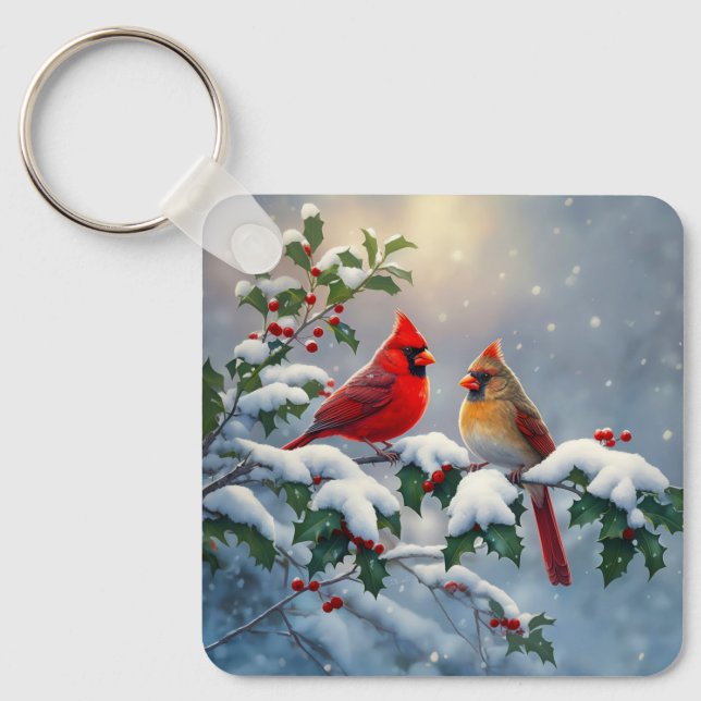 Röda kardinaler och Holly i Snö Nyckelring (Framsida)