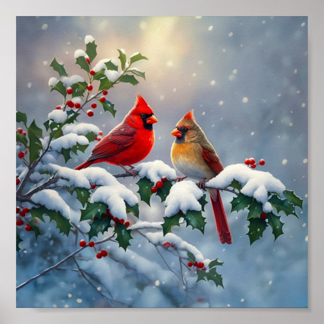 Röda kardinaler och Holly i Snö Poster (Framsidan)