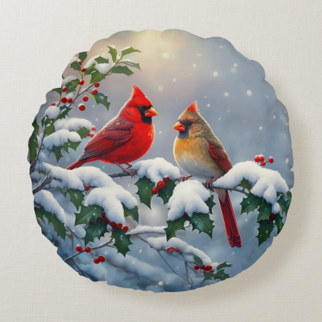 Röda kardinaler och Holly i Snö Rund Kudde (Framsidan)