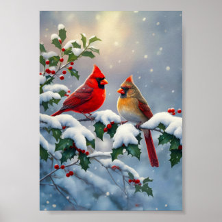 Röda kardinaler och järnek i snö poster