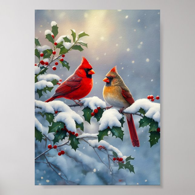 Röda kardinaler och järnek i snö poster (Framsidan)