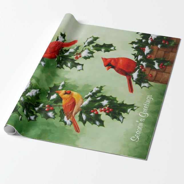 Röda kardinaler och järnekblad presentpapper (Utrullad)