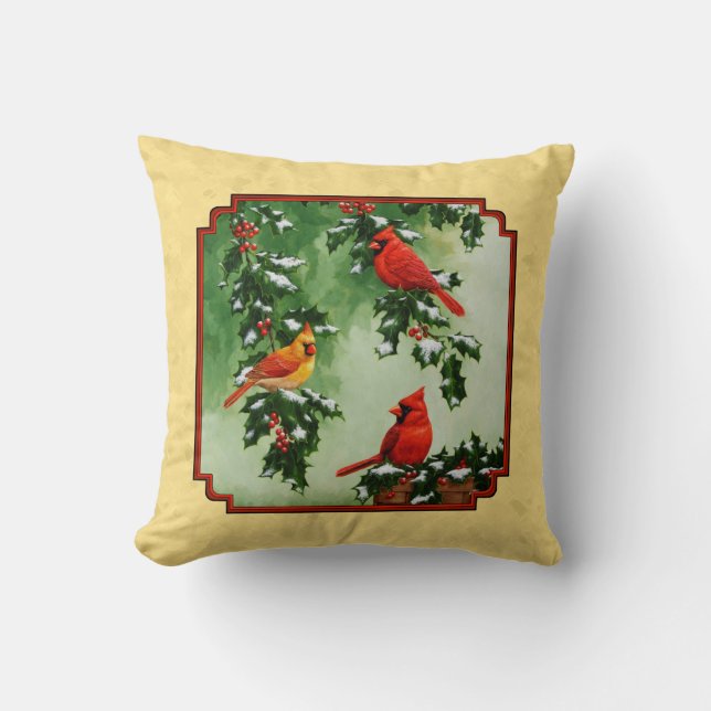 Röda kardinaler och julkransgul kudde (Framsida)