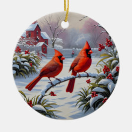 Röda kardinaler på vintern julgransprydnad keramik