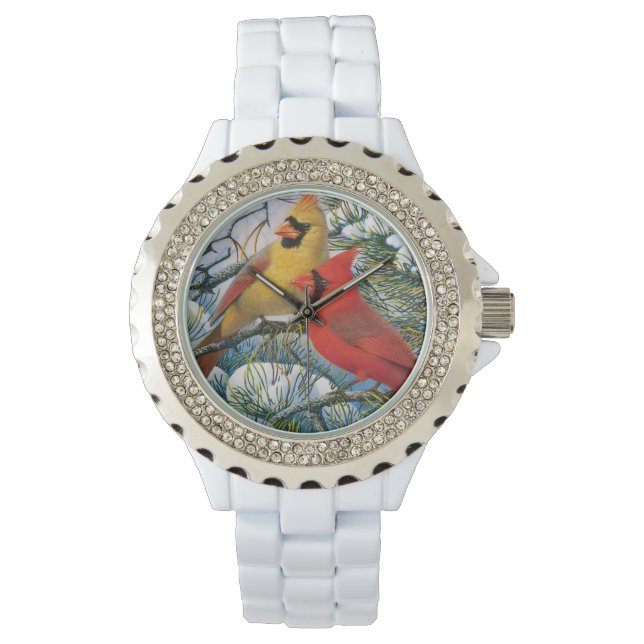 Röda kardinalfåglar Chic Cute Winter Snö Armbandsur (Framsida)
