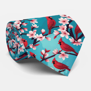 Röda kardinalfåglar på Cherry Blommar Grenar Slips