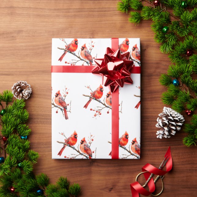 Röda kardinalfåglar på Holly Träd Gren Presentpapper (Julgåva)