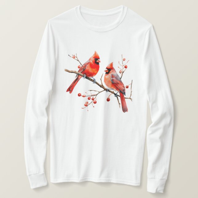 Röda kardinalfåglar på Holly Träd Gren T Shirt (Design framsida)