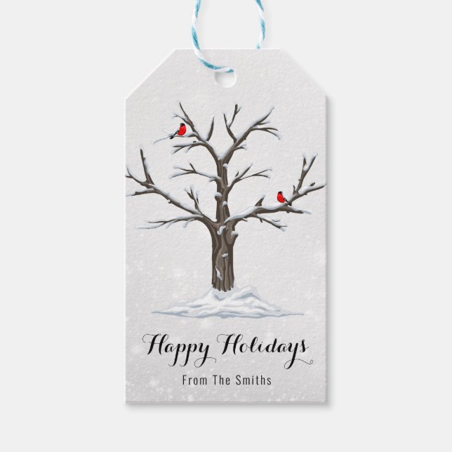 Röda kardinalfåglar vid Snö Träd Illustrationer Presentetikett (Framsidan)