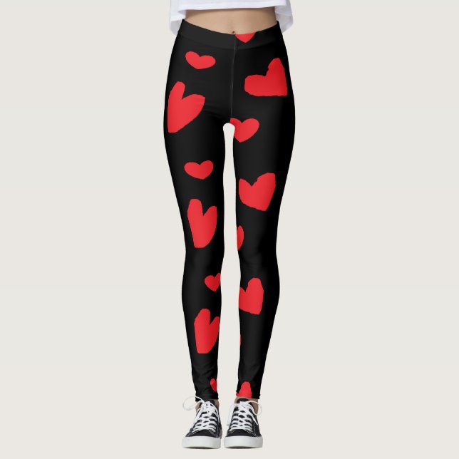 Röda kärlek hjärtan på svart leggings (Framsida)