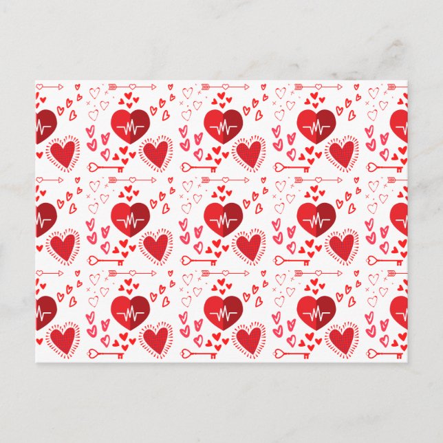 Röda kärlekshjärtan och pilinpackningspapper vykort (Framsida)