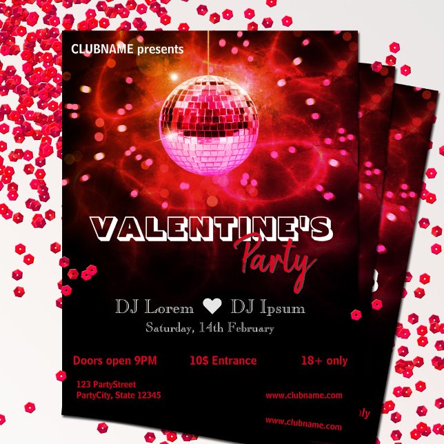 Röda kärleksvalentinsdag Disco boll fest flyer (Skapare uppladdad)