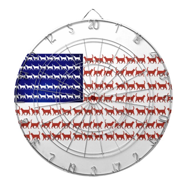 Röda katter i amerikanska flagga, vita och blå darttavla (Framsidan)