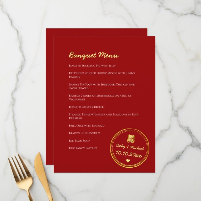 Röda kineserna bröllop dubbla lycka frimärke meny (Fram/Back In Situ)