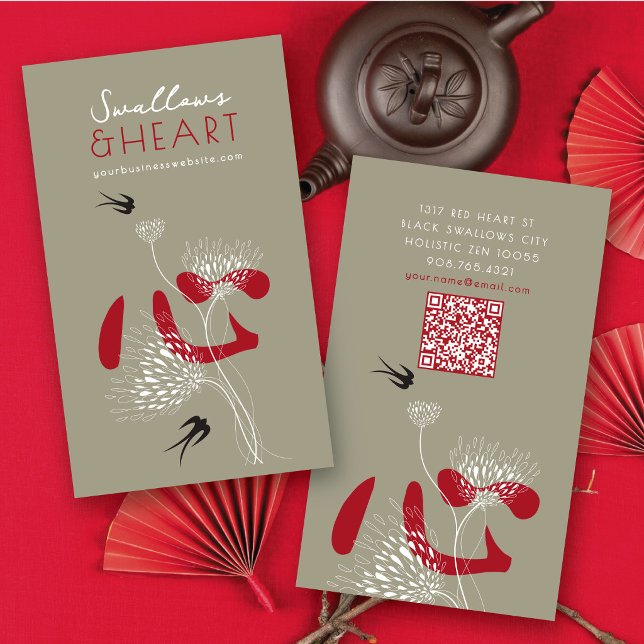 Röda kinesiska hjärta & orientaliska svalors fågla visitkort (Red Chinese Heart & Oriental Swallows Birds With White Floral Business / Profile Card @ fat_fa_tin)