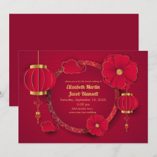 Röda kinesiska landternor och blommor Virtuella Br Inbjudningar
