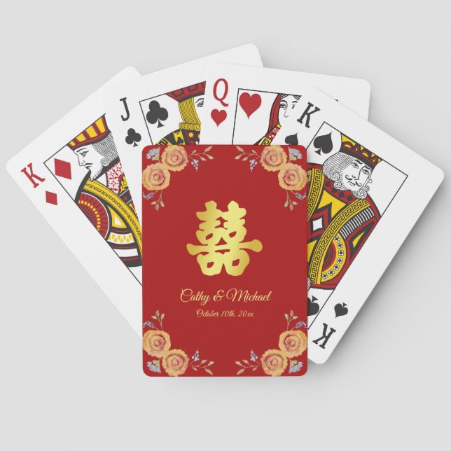 Röda kinesiska vigsel orange blommande dubbel lyck casinokort (Baksidan)
